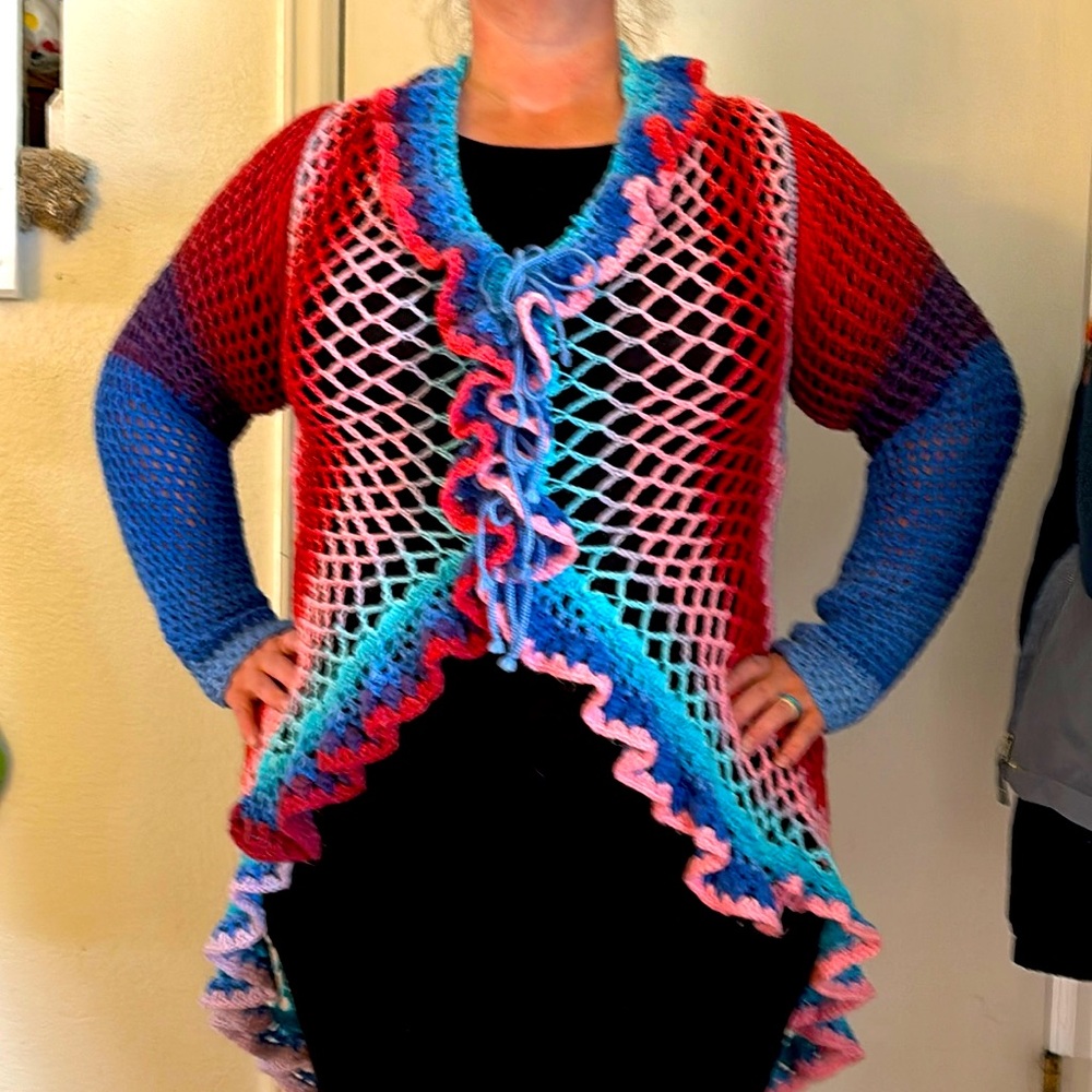 Blue and Red Handmade Crocheted Mandala Sweater